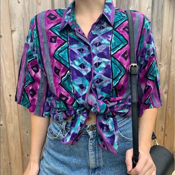 🌿 Vintage Cabrais 80s Print SS Button Down 🌿 - Picture 3 of 5